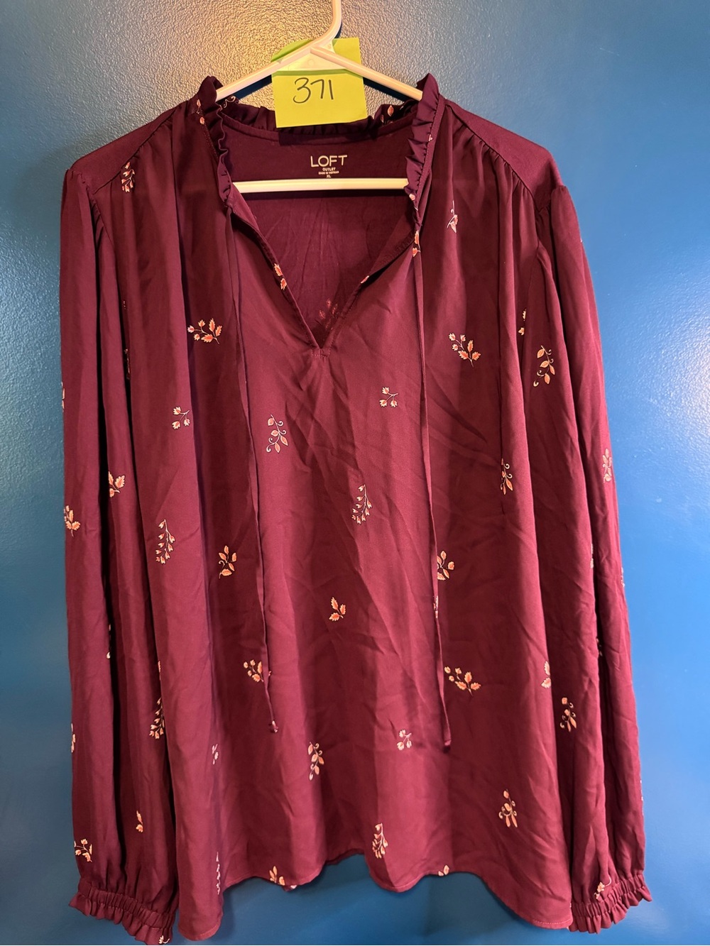 LOFT Maroon Floral Split-Neck Long Sleeve Blouse